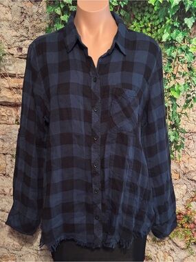 Beach Lunch Lounge Soft Gauzy Black and Navy Plaid Button-Up Shirt